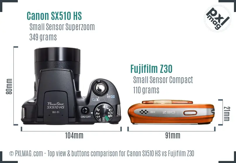 Canon SX510 HS vs Fujifilm Z30 top view buttons comparison