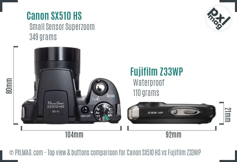 Canon SX510 HS vs Fujifilm Z33WP top view buttons comparison