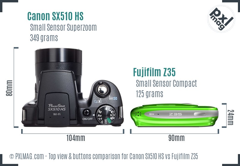 Canon SX510 HS vs Fujifilm Z35 top view buttons comparison