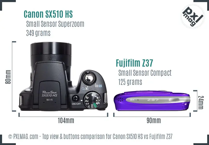 Canon SX510 HS vs Fujifilm Z37 top view buttons comparison Canon SX510 HS vs Fujifilm Z37 top view buttons comparison