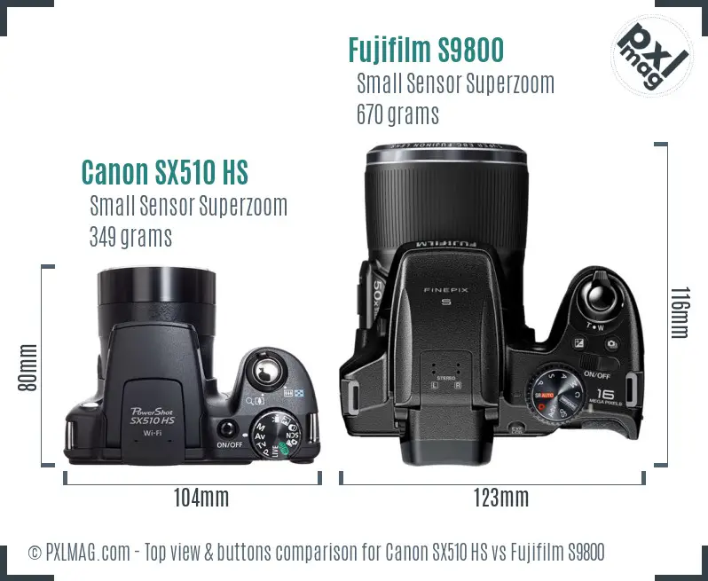 Canon SX510 HS vs Fujifilm S9800 top view buttons comparison Canon SX510 HS vs Fujifilm S9800 top view buttons comparison