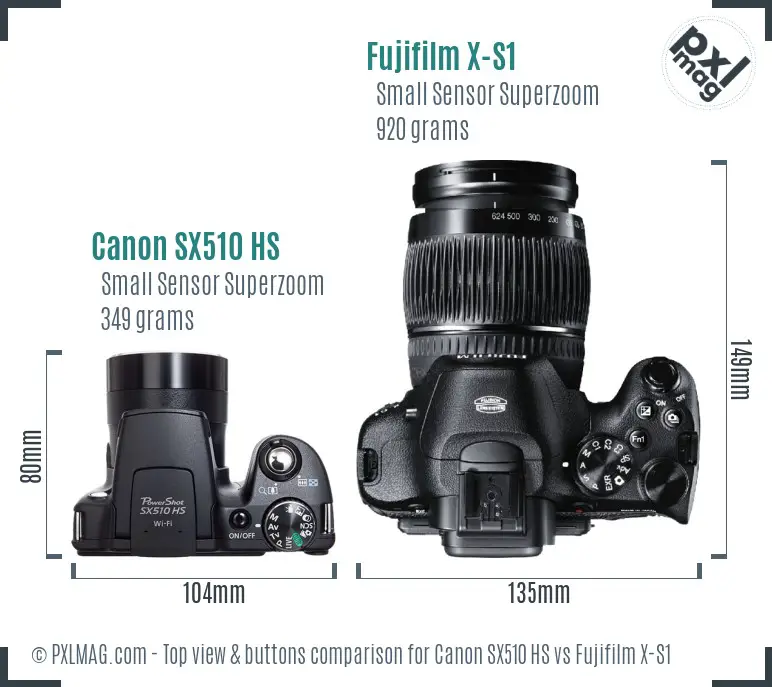 Canon SX510 HS vs Fujifilm X-S1 top view buttons comparison Canon SX510 HS vs Fujifilm X-S1 top view buttons comparison