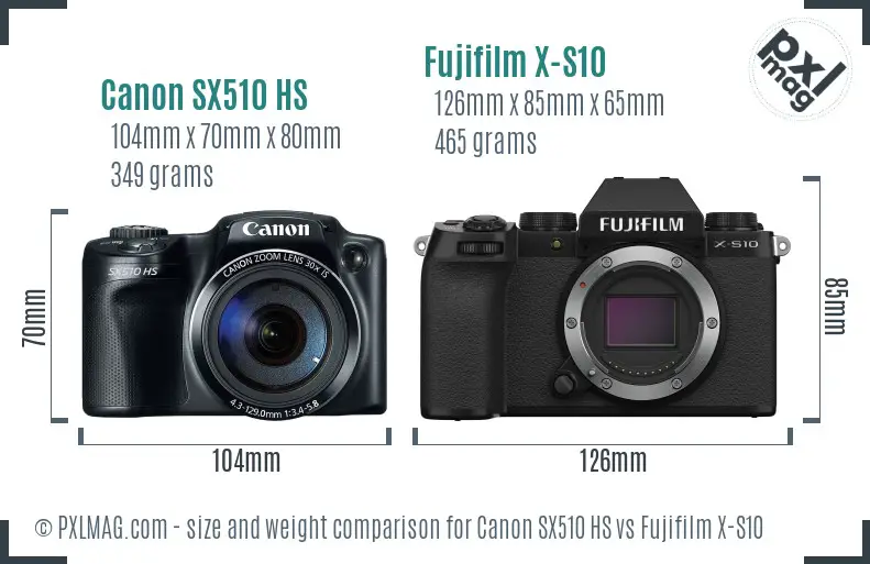 Canon SX510 HS vs Fujifilm X-S10 size comparison
