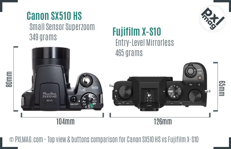 Canon SX510 HS vs Fujifilm X-S10 top view buttons comparison