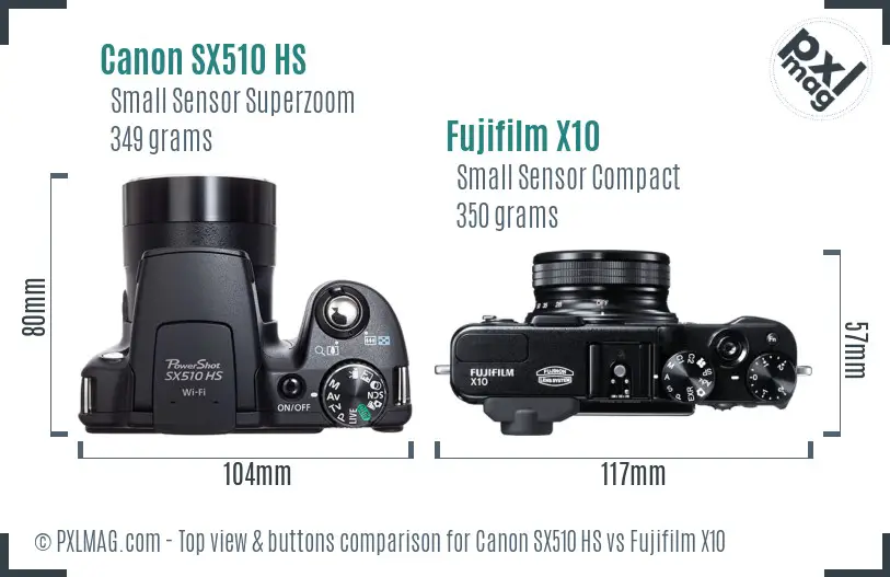 Canon SX510 HS vs Fujifilm X10 top view buttons comparison