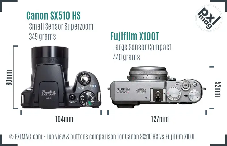 Canon SX510 HS vs Fujifilm X100T top view buttons comparison