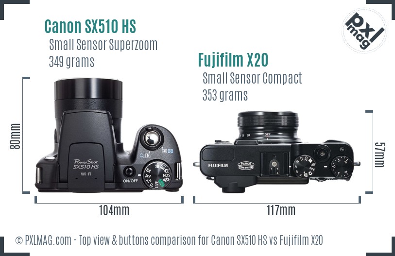 Canon SX510 HS vs Fujifilm X20 top view buttons comparison
