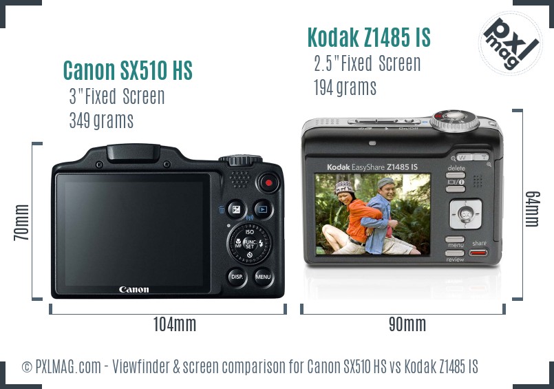 Canon SX510 HS vs Kodak Z1485 IS Screen and Viewfinder comparison