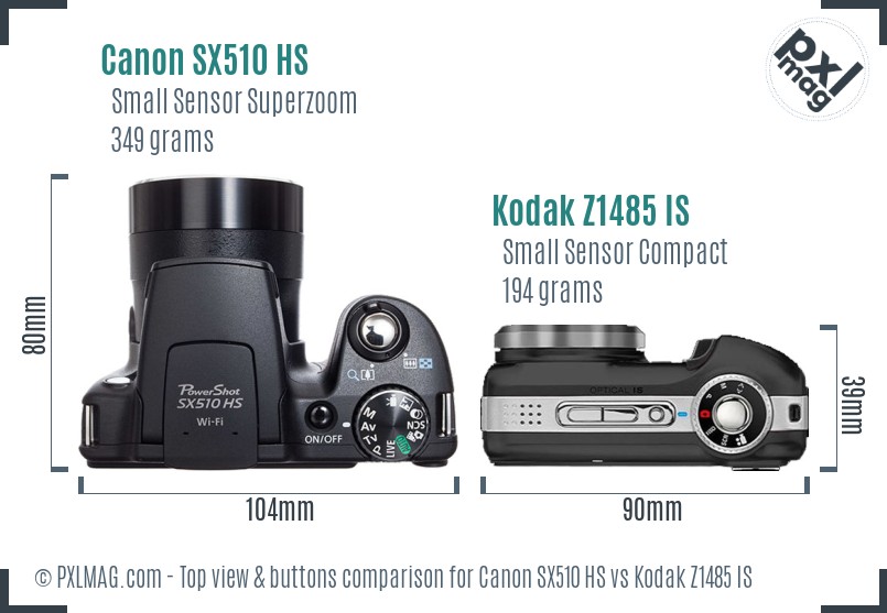 Canon SX510 HS vs Kodak Z1485 IS top view buttons comparison