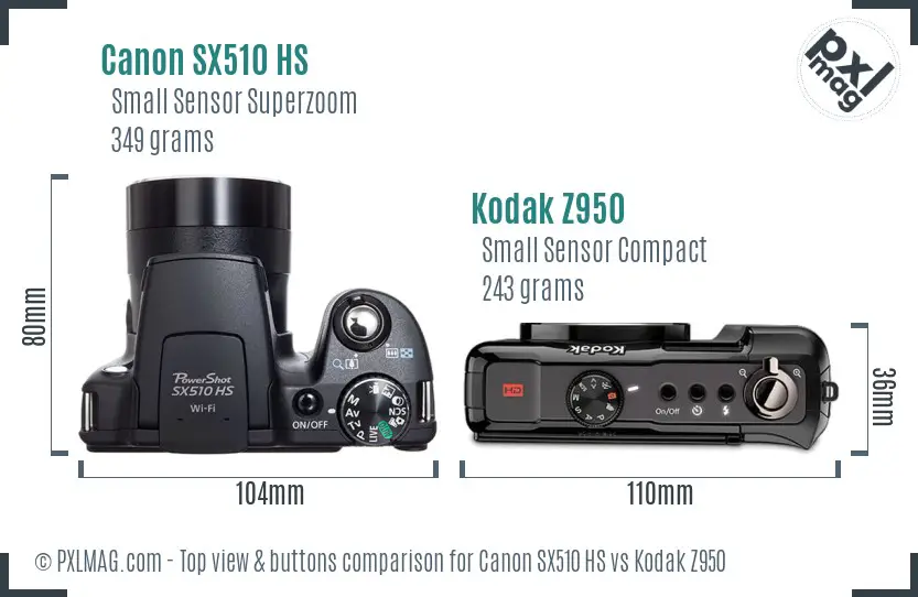 Canon SX510 HS vs Kodak Z950 top view buttons comparison Canon SX510 HS vs Kodak Z950 top view buttons comparison