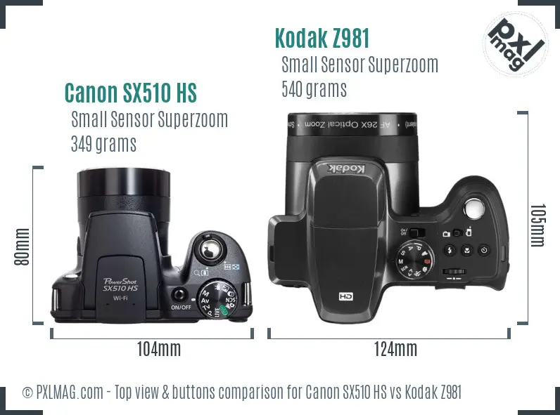 Canon SX510 HS vs Kodak Z981 top view buttons comparison