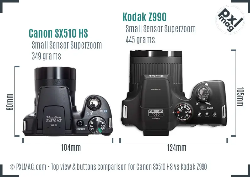 Canon SX510 HS vs Kodak Z990 top view buttons comparison Canon SX510 HS vs Kodak Z990 top view buttons comparison
