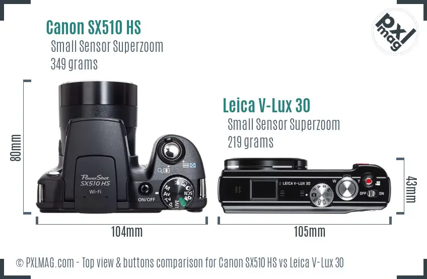 Canon SX510 HS vs Leica V-Lux 30 top view buttons comparison Canon SX510 HS vs Leica V-Lux 30 top view buttons comparison