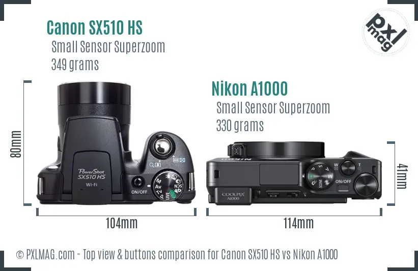 Canon SX510 HS vs Nikon A1000 top view buttons comparison