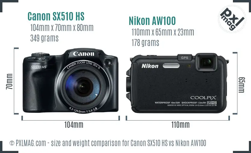 Canon SX510 HS vs Nikon AW100 size comparison Canon SX510 HS vs Nikon AW100 size comparison