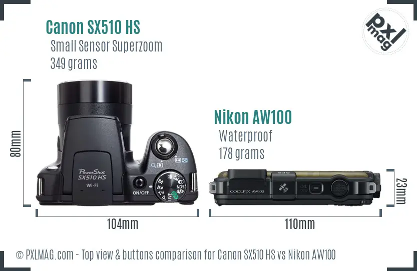 Canon SX510 HS vs Nikon AW100 top view buttons comparison Canon SX510 HS vs Nikon AW100 top view buttons comparison