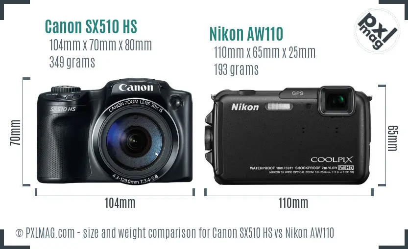 Canon SX510 HS vs Nikon AW110 size comparison Canon SX510 HS vs Nikon AW110 size comparison