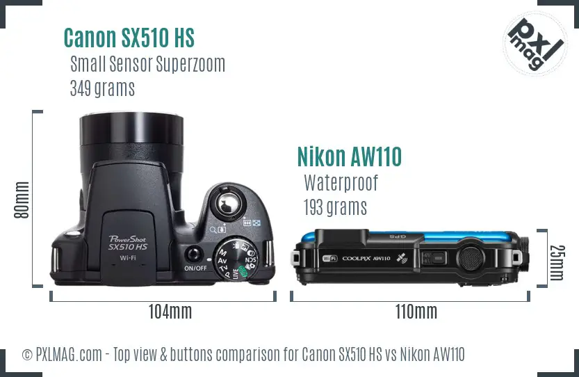 Canon SX510 HS vs Nikon AW110 top view buttons comparison Canon SX510 HS vs Nikon AW110 top view buttons comparison