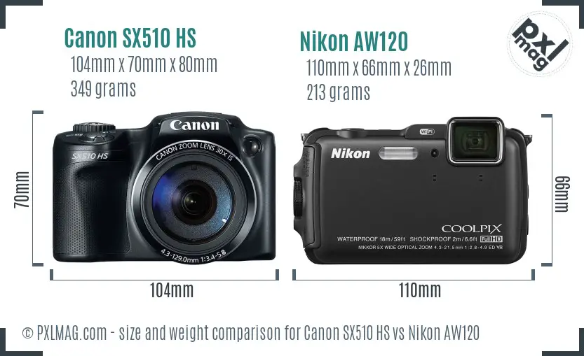 Canon SX510 HS vs Nikon AW120 size comparison