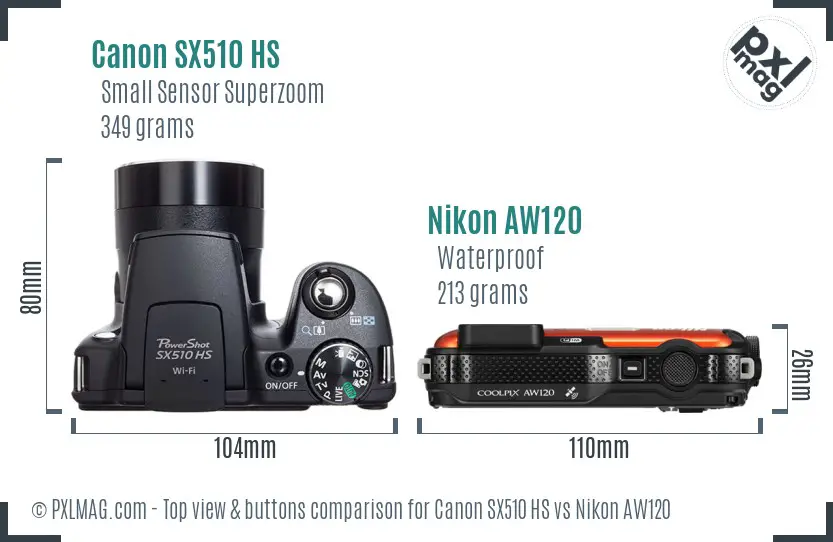 Canon SX510 HS vs Nikon AW120 top view buttons comparison