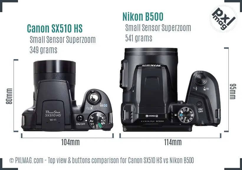Canon SX510 HS vs Nikon B500 top view buttons comparison
