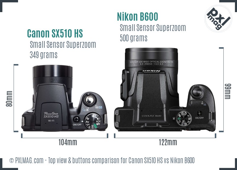 Canon SX510 HS vs Nikon B600 top view buttons comparison