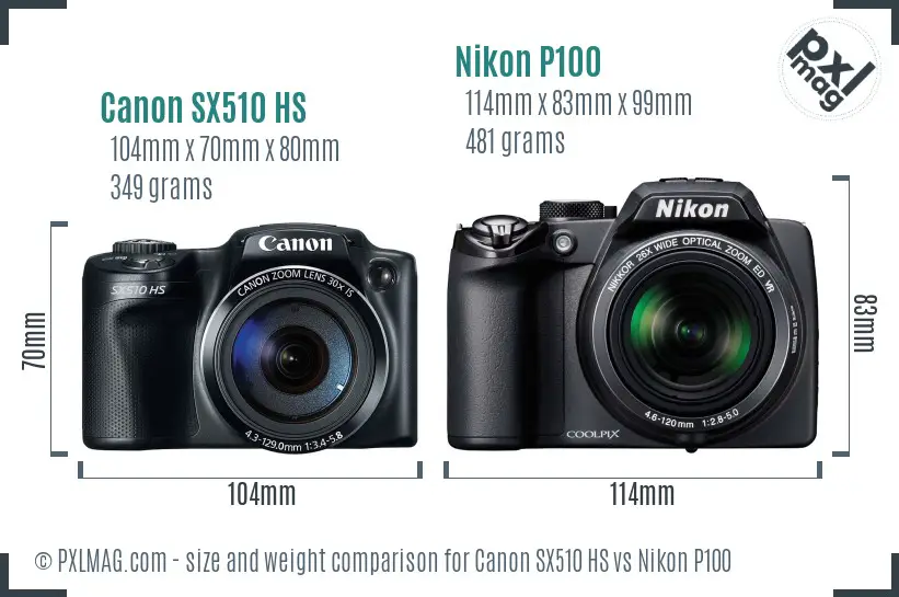 Canon SX510 HS vs Nikon P100 size comparison