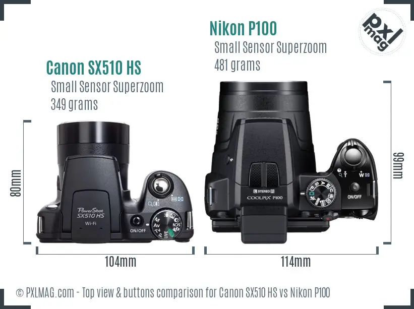 Canon SX510 HS vs Nikon P100 top view buttons comparison