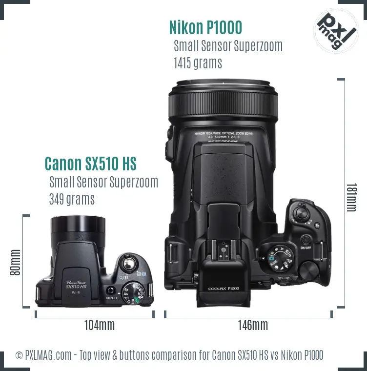 Canon SX510 HS vs Nikon P1000 top view buttons comparison Canon SX510 HS vs Nikon P1000 top view buttons comparison