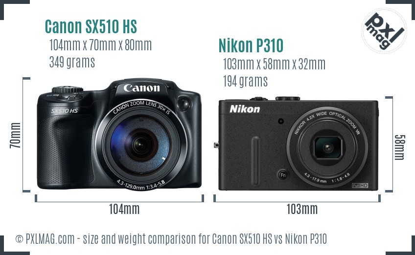 Canon SX510 HS vs Nikon P310 size comparison