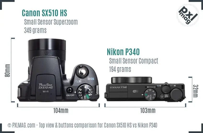 Canon SX510 HS vs Nikon P340 top view buttons comparison