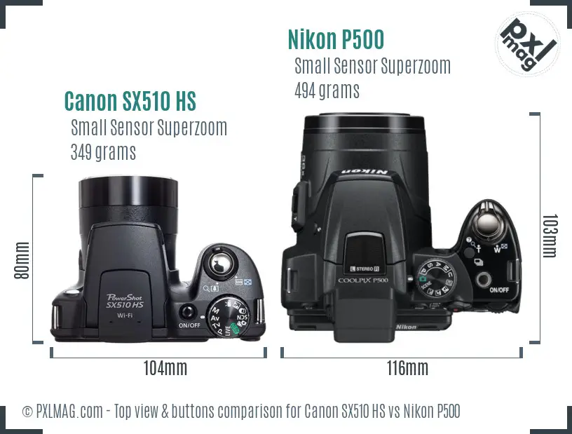 Canon SX510 HS vs Nikon P500 top view buttons comparison