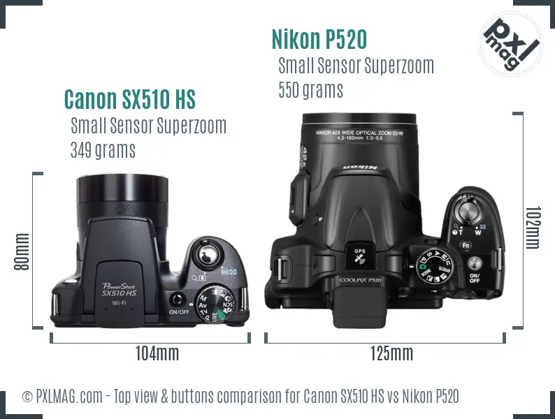 Canon SX510 HS vs Nikon P520 top view buttons comparison