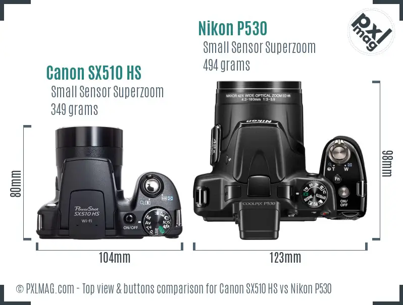 Canon SX510 HS vs Nikon P530 top view buttons comparison