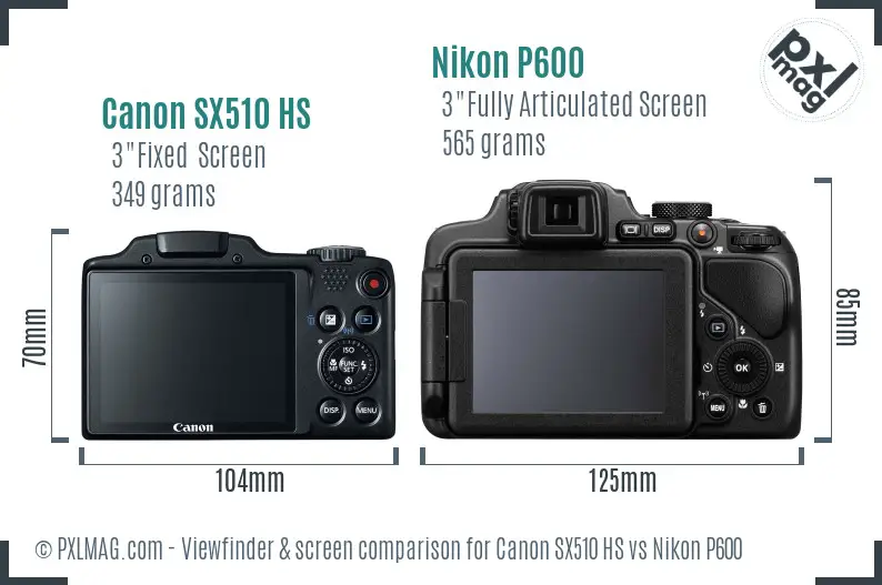 Canon SX510 HS vs Nikon P600 Screen and Viewfinder comparison
