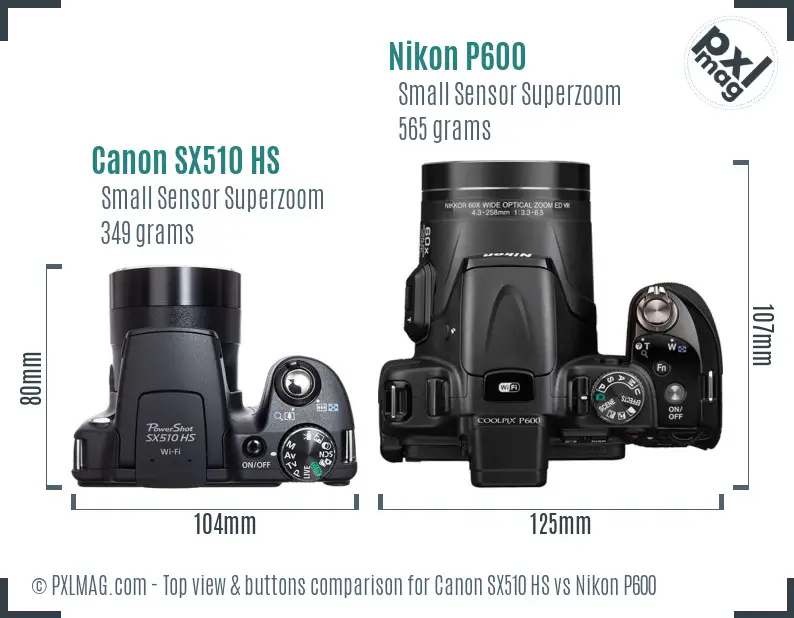 Canon SX510 HS vs Nikon P600 top view buttons comparison