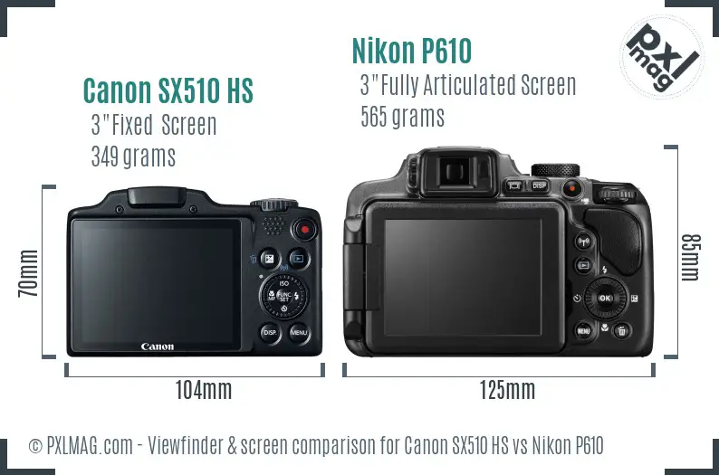 Canon SX510 HS vs Nikon P610 Screen and Viewfinder comparison