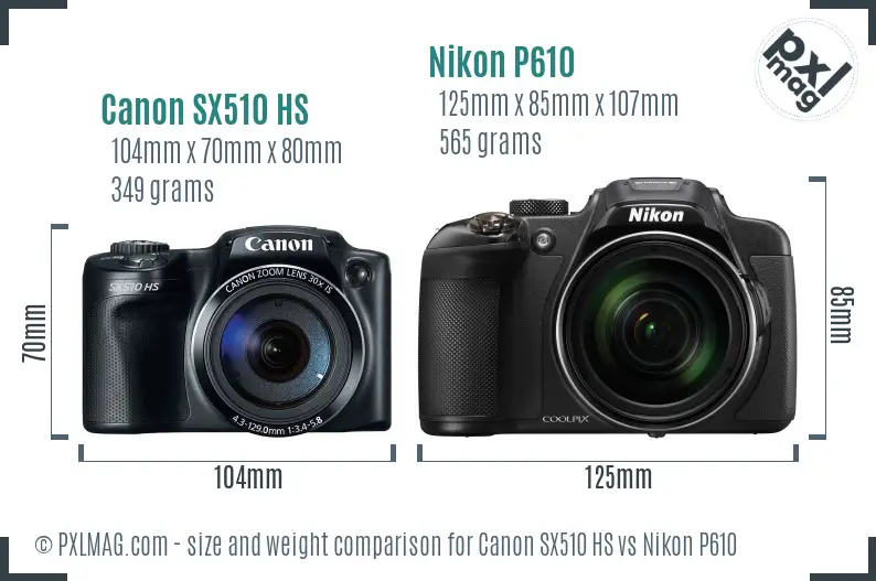 Canon SX510 HS vs Nikon P610 size comparison