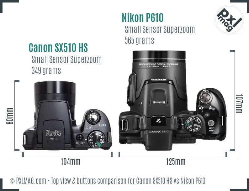 Canon SX510 HS vs Nikon P610 top view buttons comparison