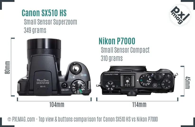 Canon SX510 HS vs Nikon P7000 top view buttons comparison Canon SX510 HS vs Nikon P7000 top view buttons comparison