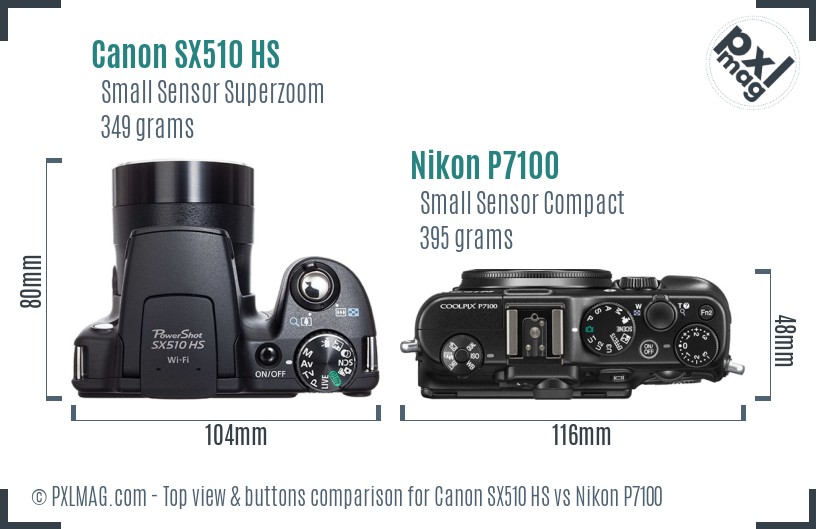 Canon SX510 HS vs Nikon P7100 top view buttons comparison