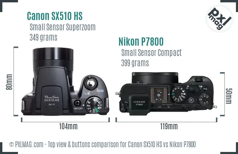 Canon SX510 HS vs Nikon P7800 top view buttons comparison