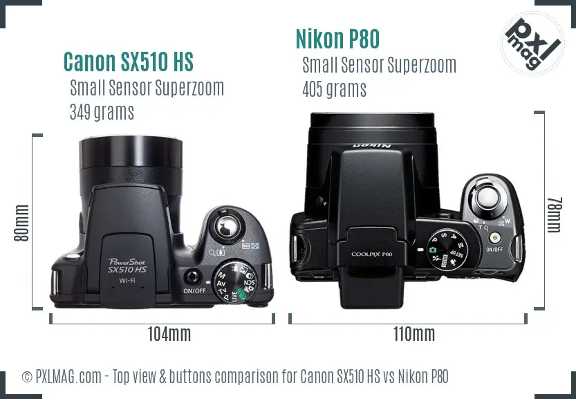 Canon SX510 HS vs Nikon P80 top view buttons comparison
