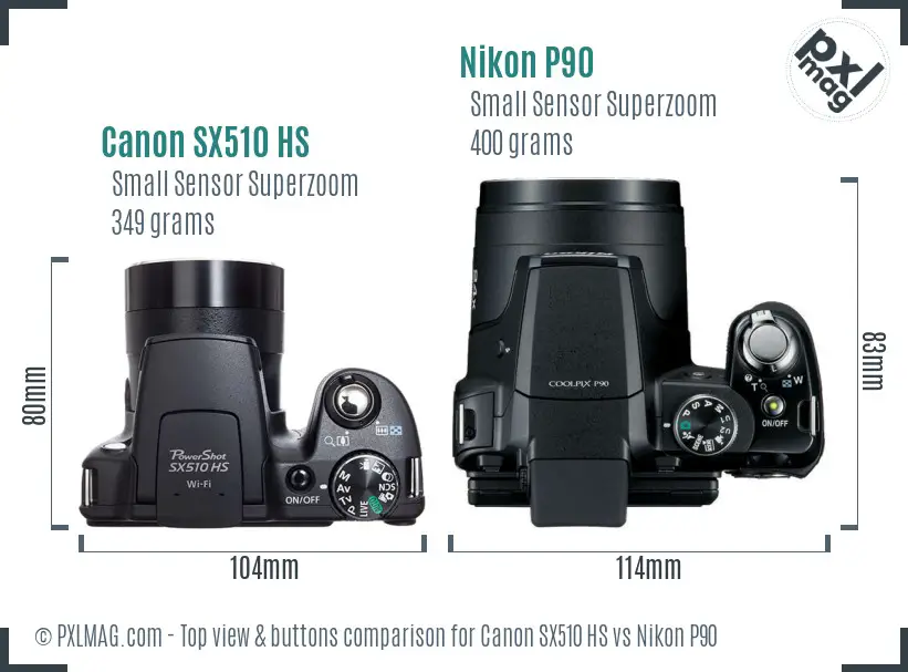 Canon SX510 HS vs Nikon P90 top view buttons comparison