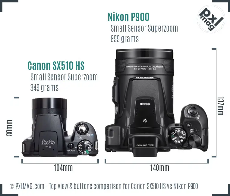 Canon SX510 HS vs Nikon P900 top view buttons comparison