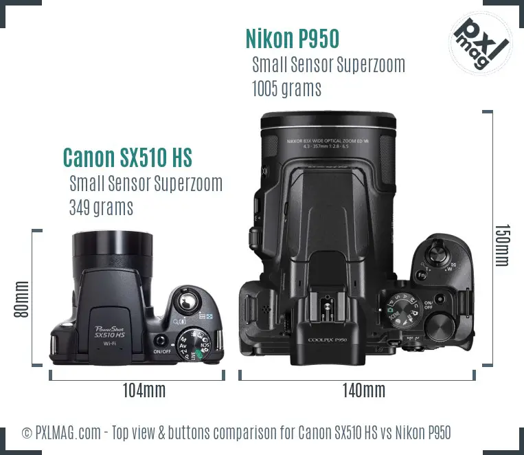 Canon SX510 HS vs Nikon P950 top view buttons comparison