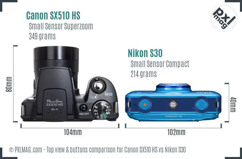 Canon SX510 HS vs Nikon S30 top view buttons comparison