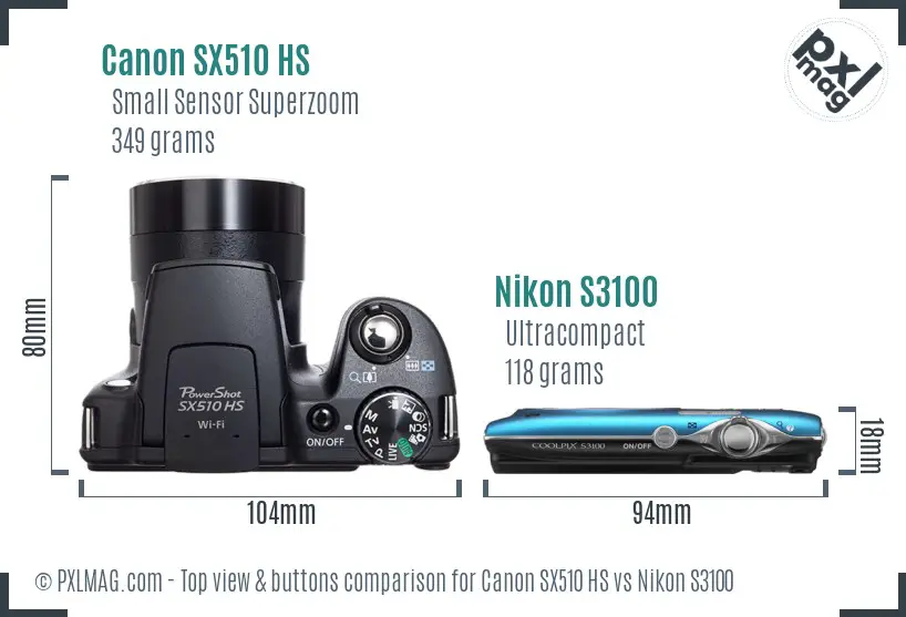 Canon SX510 HS vs Nikon S3100 top view buttons comparison
