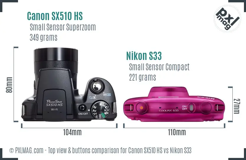 Canon SX510 HS vs Nikon S33 top view buttons comparison Canon SX510 HS vs Nikon S33 top view buttons comparison