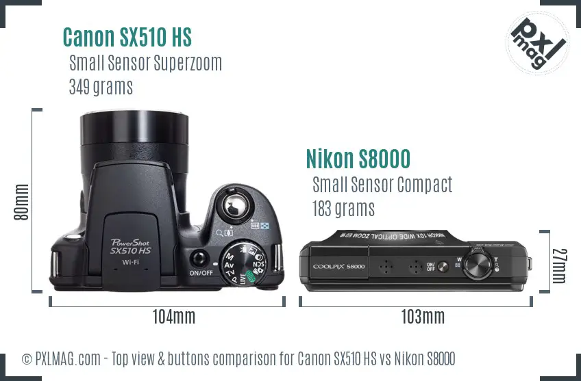 Canon SX510 HS vs Nikon S8000 top view buttons comparison